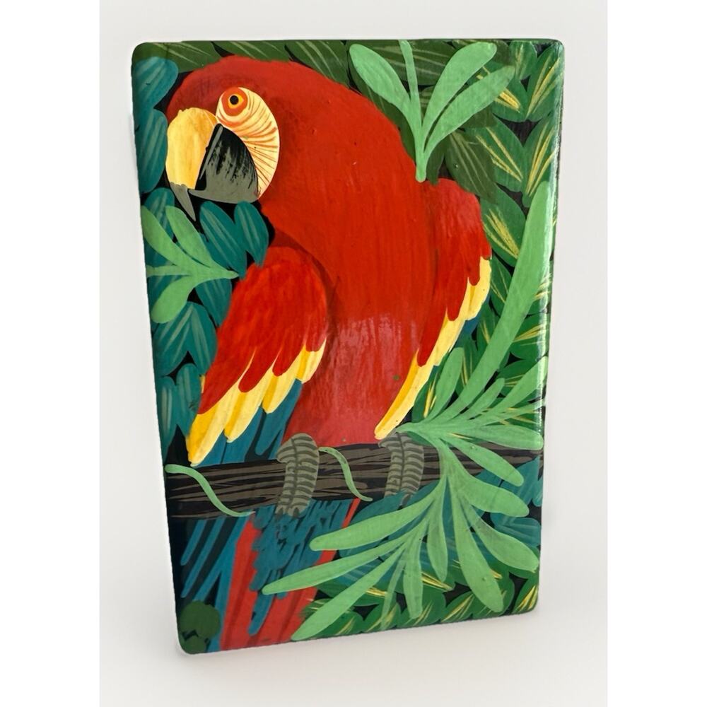 Vintage Hand painted Parrot Tropical Wooden Trinket Box Haiti 7x5X2 Inches